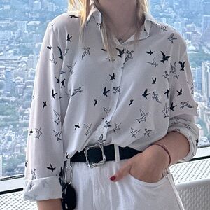 New Look White Bird Print Button Down Shirt